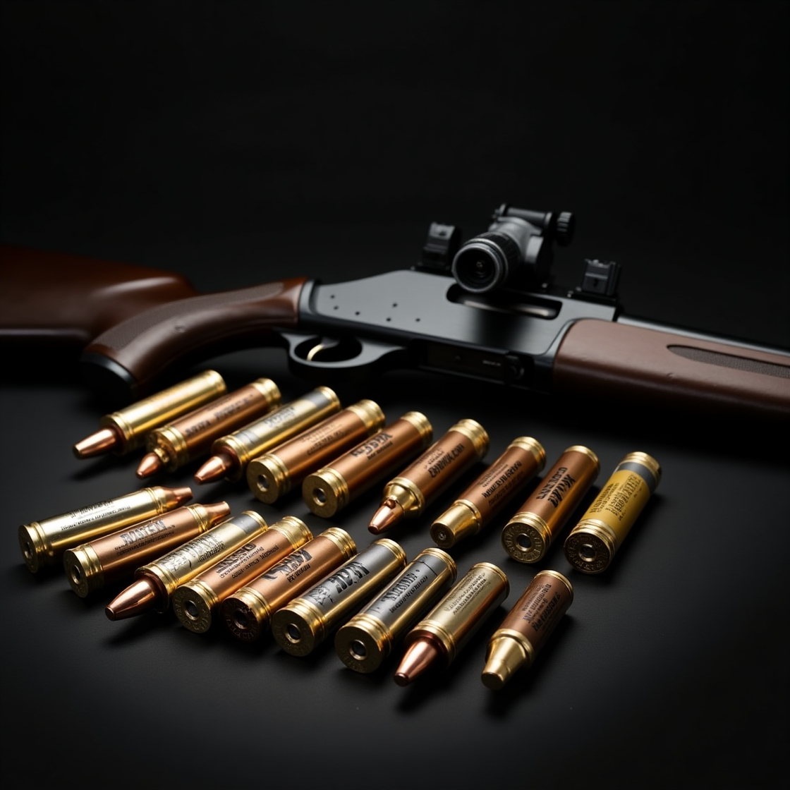 A variety of shotgun shells, including birdshot, buckshot, and slugs, displayed on a wooden surface with different gauges labeled.
