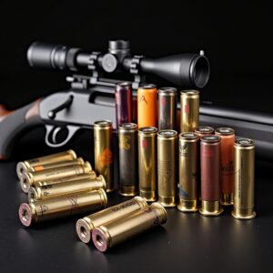 A variety of shotgun shells, including birdshot, buckshot, and slugs, displayed on a wooden surface with different gauges labeled.