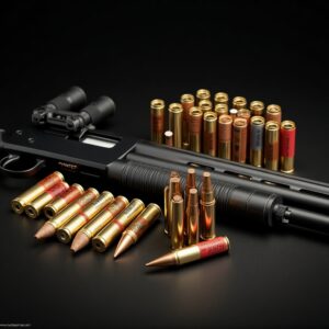 A variety of shotgun shells, including birdshot, buckshot, and slugs, displayed on a wooden surface with different gauges labeled.