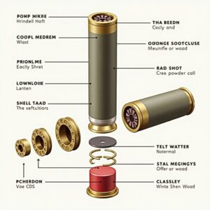  A variety of shotgun shells, including birdshot, buckshot, and slugs, displayed on a wooden surface with different gauges labeled.