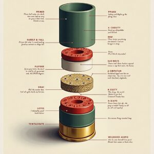 A variety of shotgun shells, including birdshot, buckshot, and slugs, displayed on a wooden surface with different gauges labeled. 