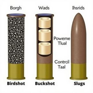A variety of shotgun shells, including birdshot, buckshot, and slugs, displayed on a wooden surface with different gauges labeled. 