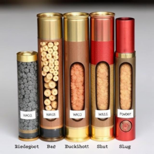  A variety of shotgun shells, including birdshot, buckshot, and slugs, displayed on a wooden surface with different gauges labeled.