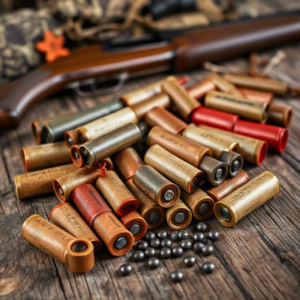 A variety of shotgun shells, including birdshot, buckshot, and slugs, displayed on a wooden surface with different gauges labeled.